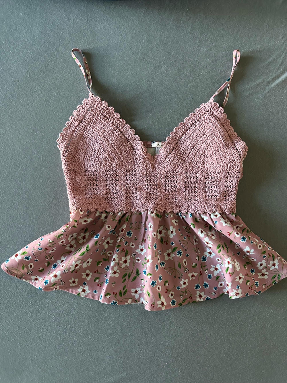 Mi Ami Pink Floral Baby Doll Top With Crocheted Bust